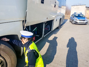 Na zdjęciu umundurowana policjantka wydziału ruchu drogowego sprawdza zużycie opon autokaru.