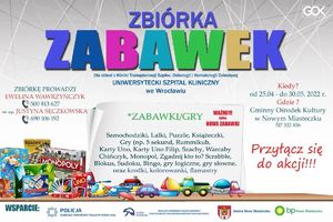Plakat z informacją o zbiórce zorganizowanej przez policjantów dla dzieci ze szpitala onkologicznego we Wrocławiu.
