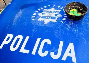 Odblaskowe breloczki na tle radiowozu.