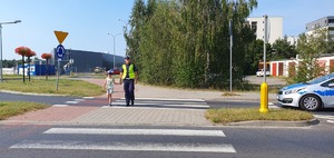 Policjant wydziału ruchu drogowego przeprowadza dzieci przez ulicę.