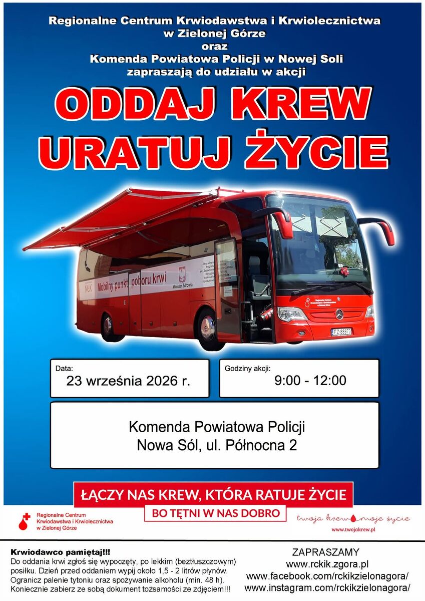 Zbiórka krwi przed Komendą Powiatową Policji w Nowej Soli 23 września 2026